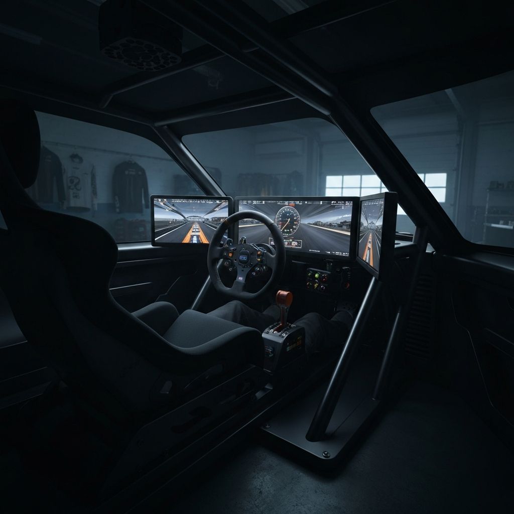 Sim racing cockpit in a dark motorsport setting